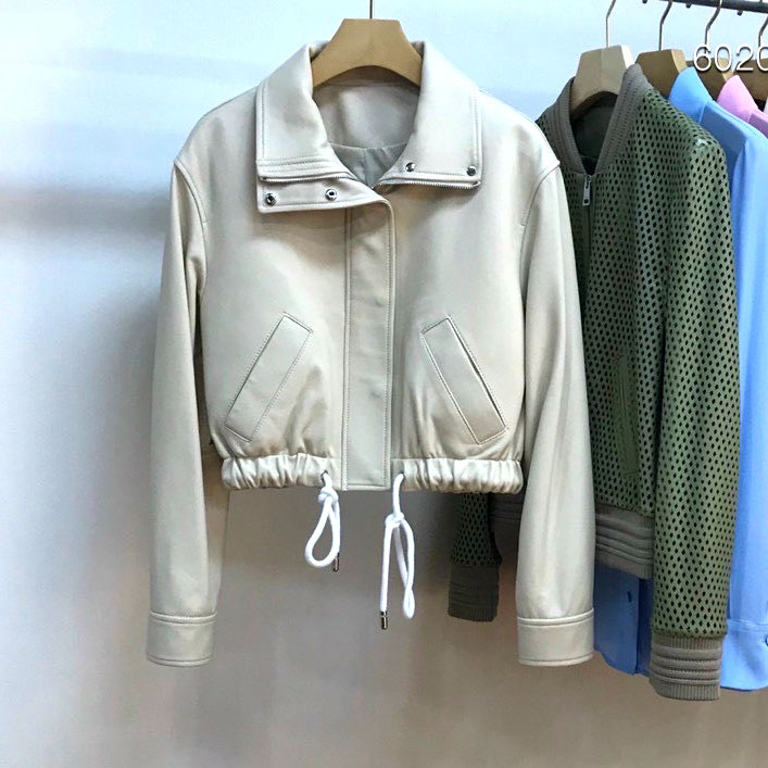 Áo da Gucci cổ bẻ crop thút dây hiệu siêu cấp