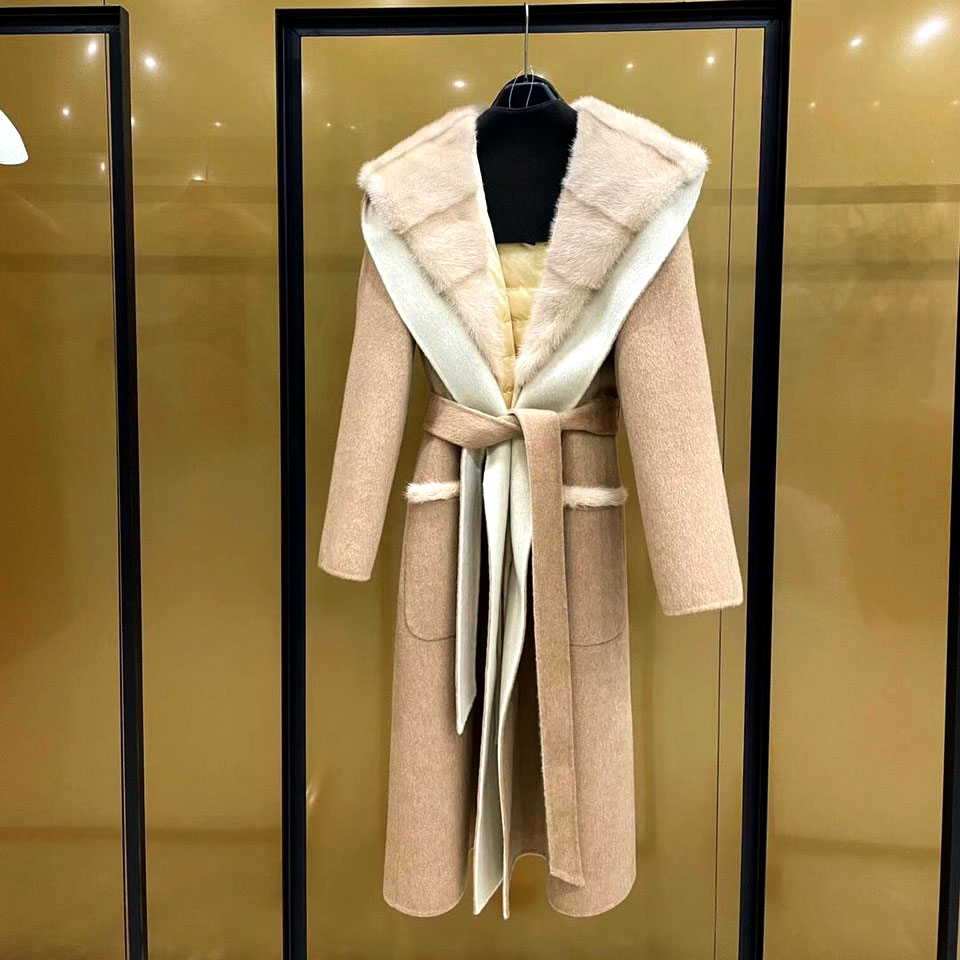 Áo dạ thân dài cổ lông kèm belt cao cấp