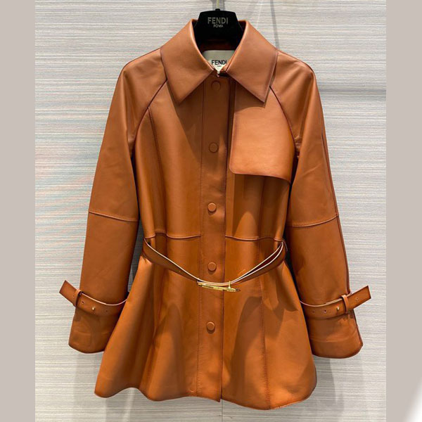 Áo da thân dài kèm belt màu bò Fendi likeauth