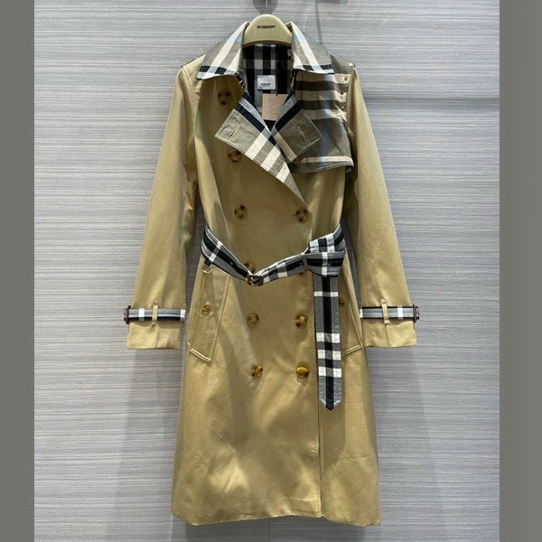 Áo khoác Burberry nữ cổ kèm đai kẻ Burberry cao cấp