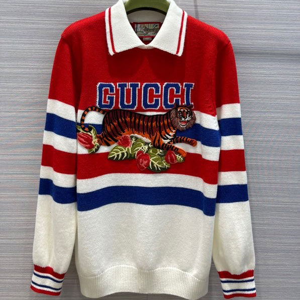 Áo len hiệu Gucci pha viền đỏ họa tiết hổ thêu cao cấp