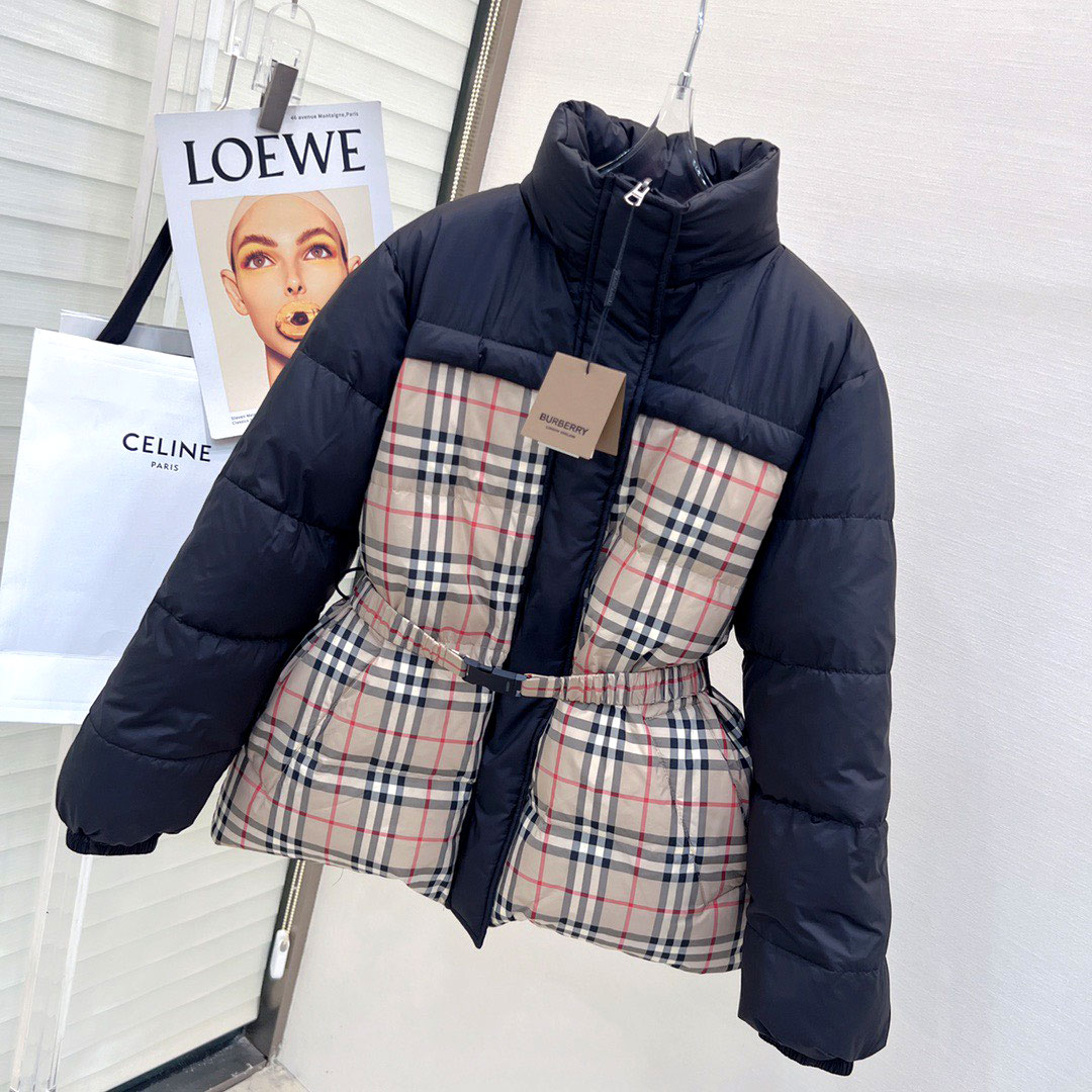Áo phao đen pha kẻ ô cao cấp thắt đai eo Burberry 