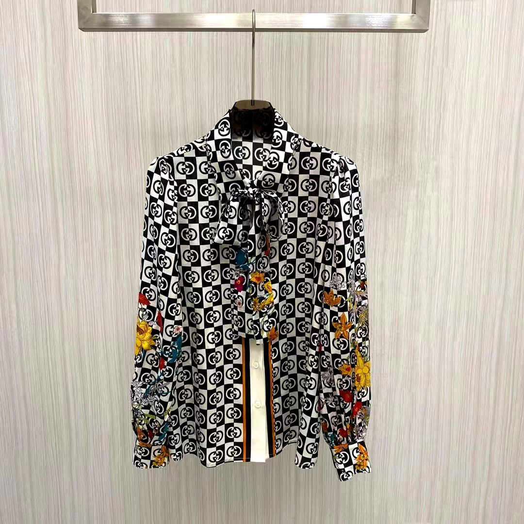 Áo sơ mi lụa họa tiết hoa Gucci nơ siêu cấp