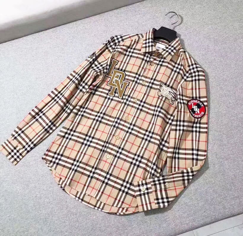 Áo sơ mi nam kẻ thêu huy hiệu Burberry cao cấp