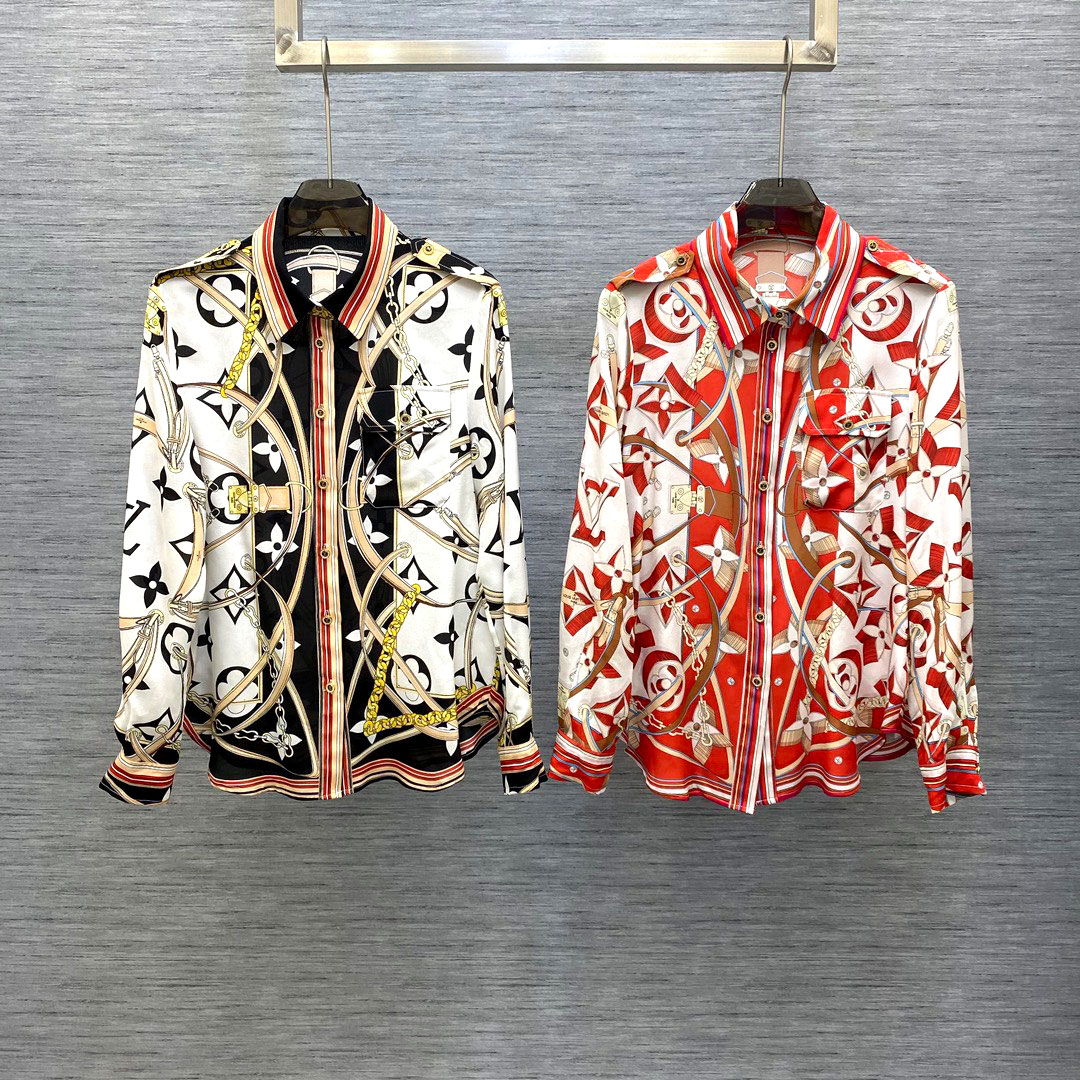 Áo sơ mi lụa 2 màu phối họa tiết Louis Vuitton siêu cấp