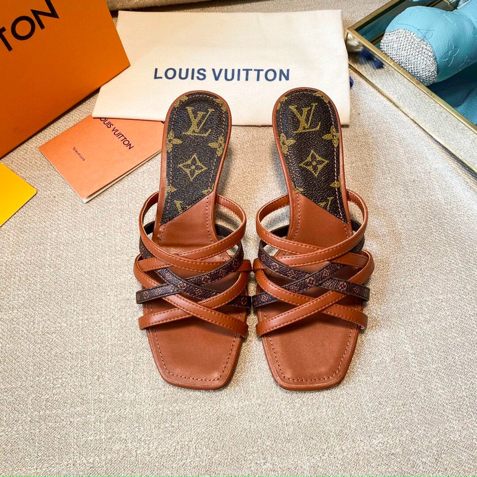 Dép da quai đan chéo hoa nâu Louis Vuittion siêu cấp