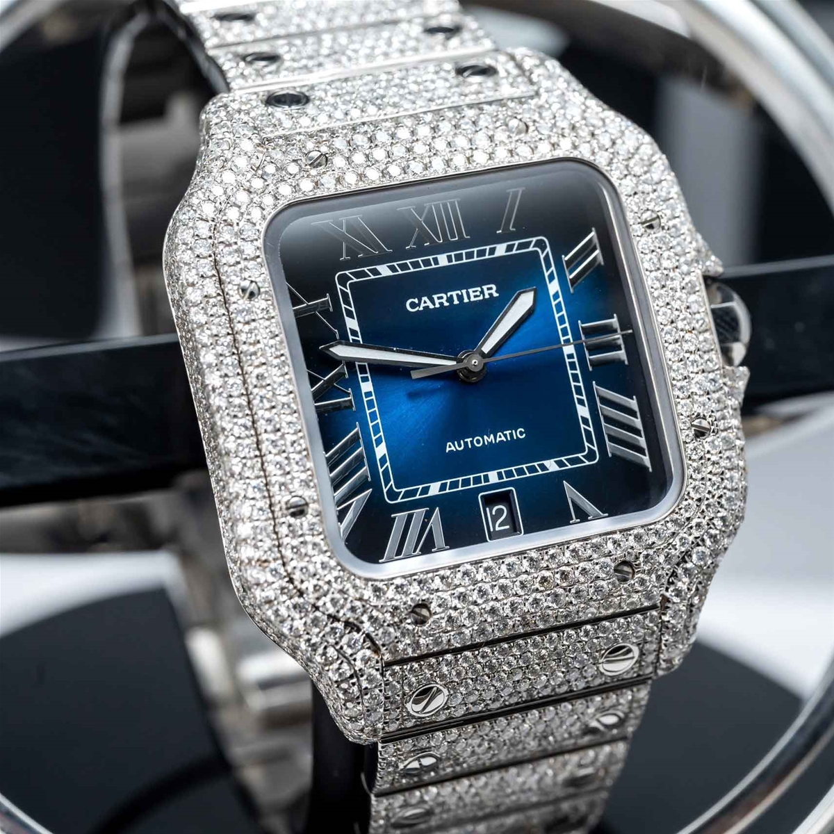 Đồng hồ nam mặt Vuông nạm kim cương tự nhiên Cartier likeauth