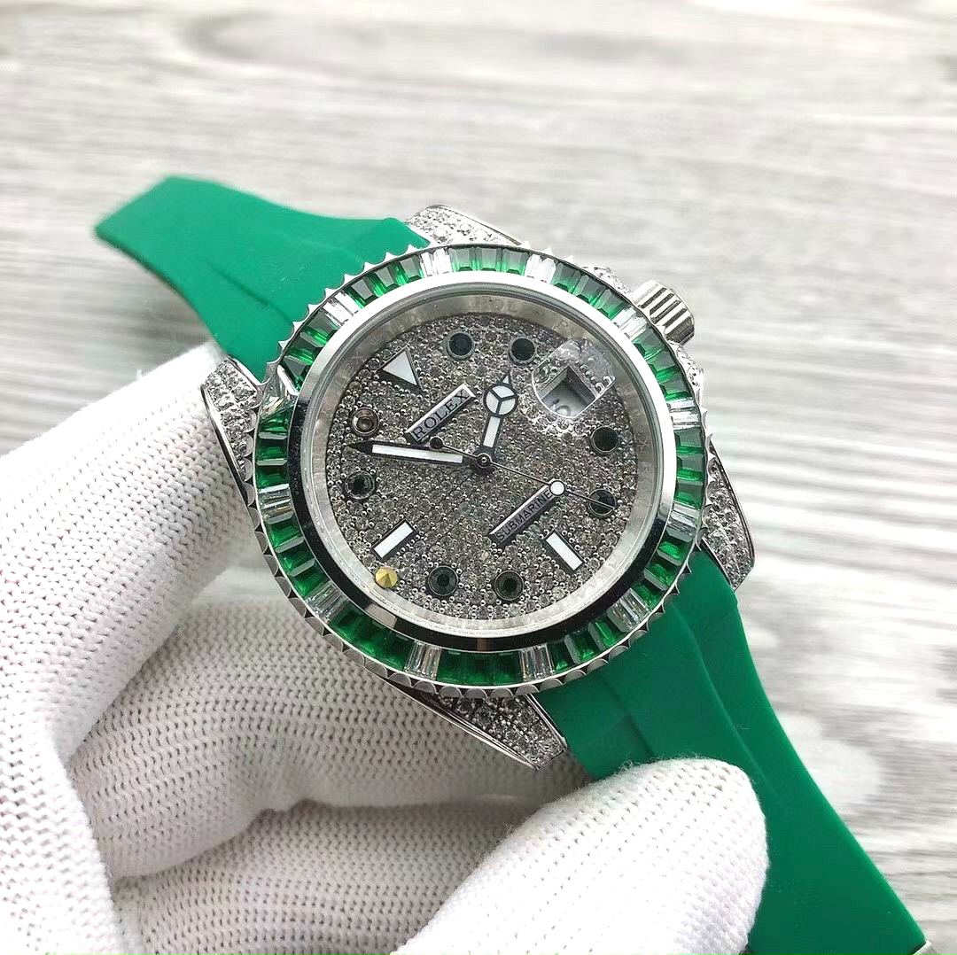 Đồng hồ nam dây cao su mặt nạm đá Rolex cao cấp
