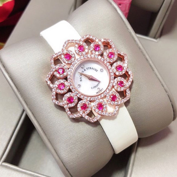 Đồng hồ nữ hiệu Backes đính đá Ruby hồng siêu cấp