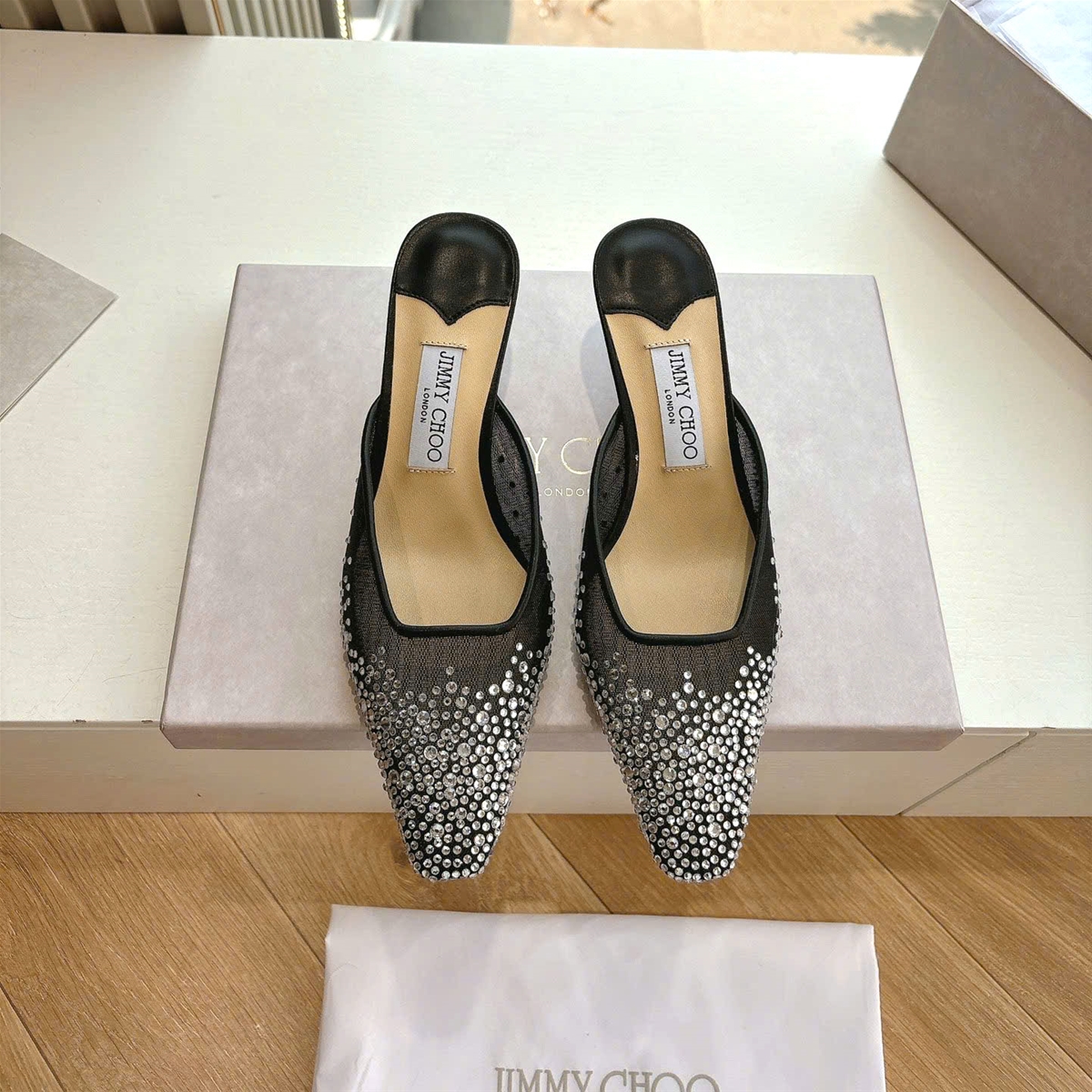 Giầy nạm kim sa đen trắng hở gót Jimmy Choo siêu cấp