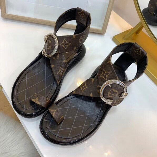 Sandal nữ bệt LV siêu cấp quai hoa nâu