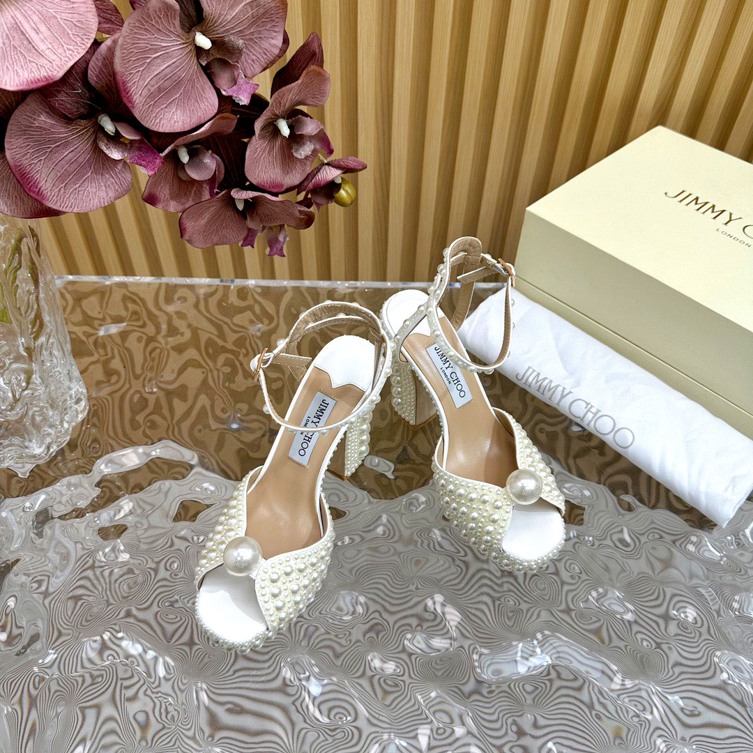 Sandal đính hạt ngọc gót trụ cao gót Jimmy Choo siêu cấp