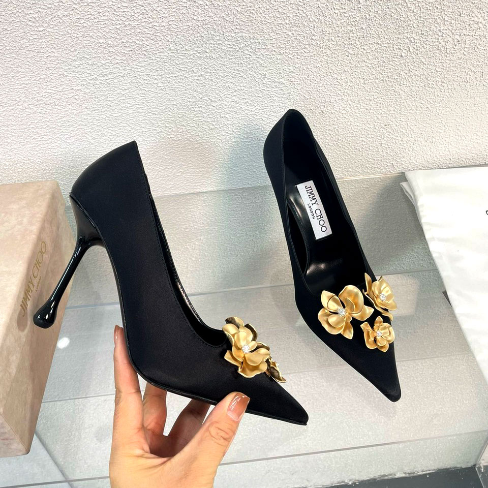 Giầy cao gót gắn nơ hoa vàng Jimmy Choo cao cấp