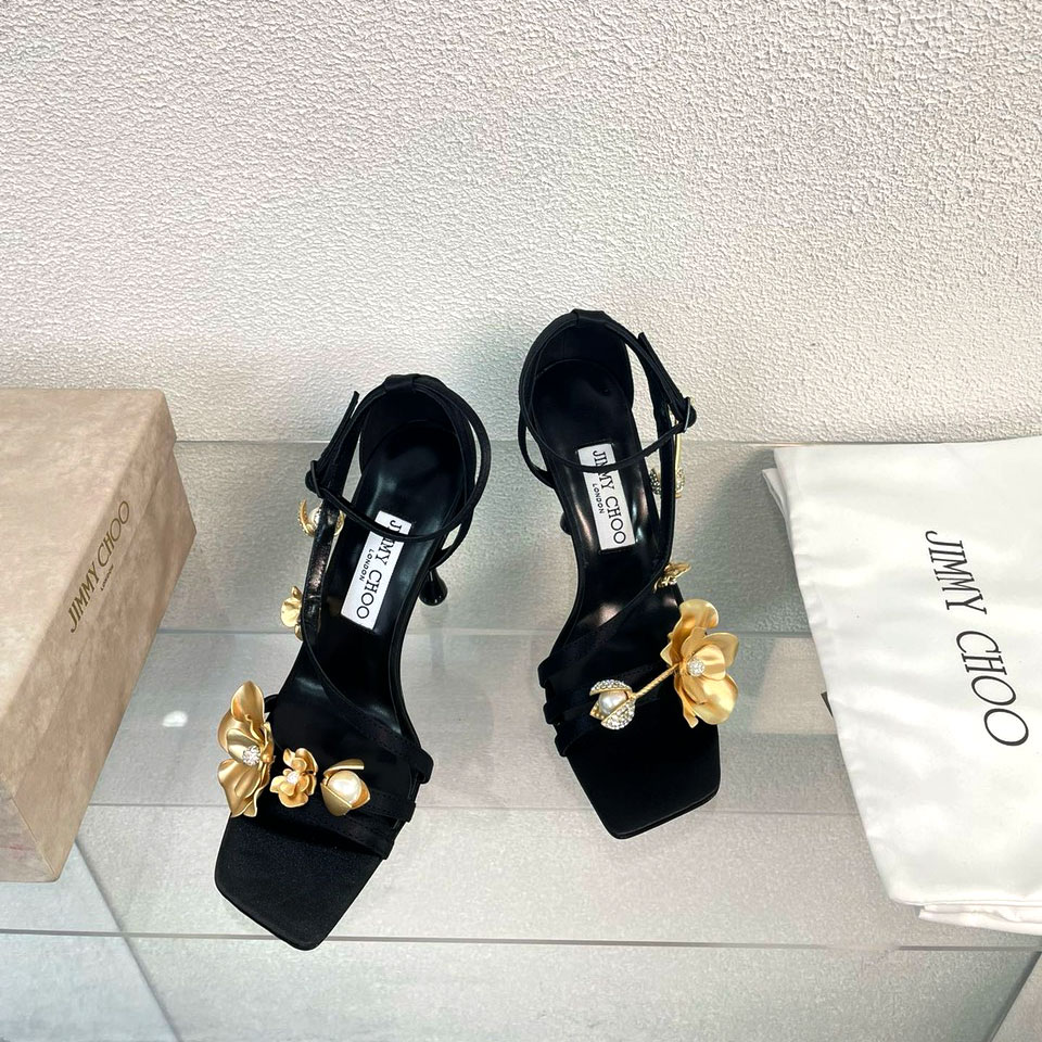Sandal cao gót quai phối hoa vàng hiệu Jimmy Choo siêu cấp