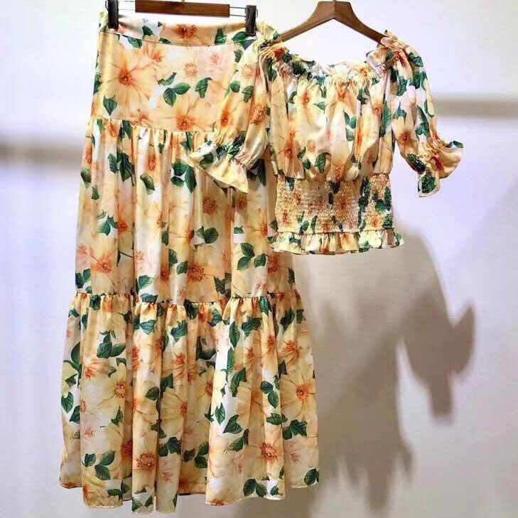 Set váy tơ maxi hoa vàng hiệu Dior cao cấp