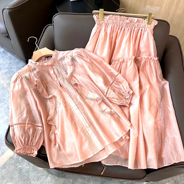 Set váy tơ hồng tay bầu cao cấp