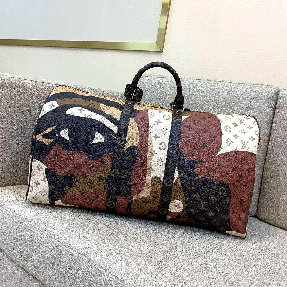 Túi xách du lịch phối 3 màu hoa nâu đen Louis Vuitton siêu cấp