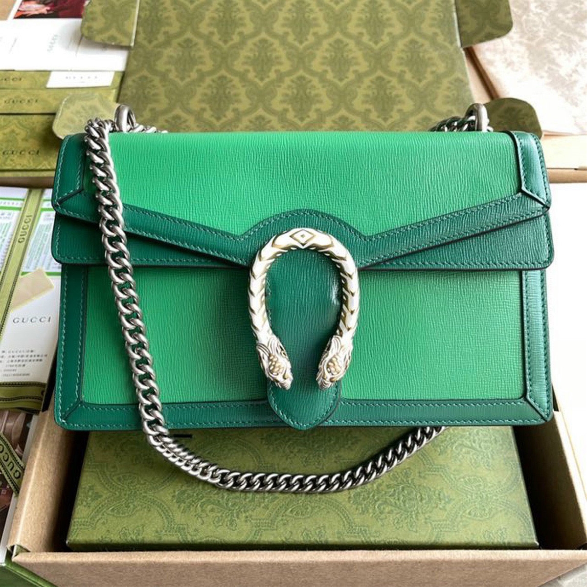 Túi xách Gucci đầu rồng xích bạc viền xanh siêu cấp