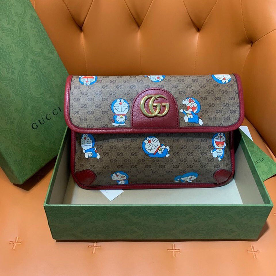 Túi Gucci họa tiết mèo Đô Rê Mon viền da đỏ siêu cấp