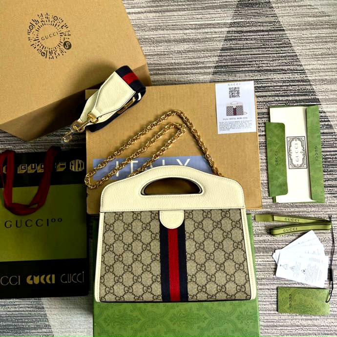 Túi xách tay Gucci sọc vải đỏ viền da likeauth