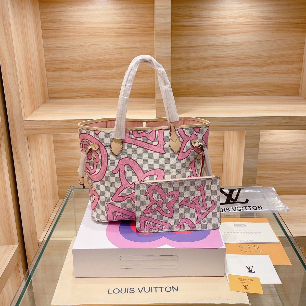 Túi xách Louis Vuittion neverfull ô trắng phối hồng