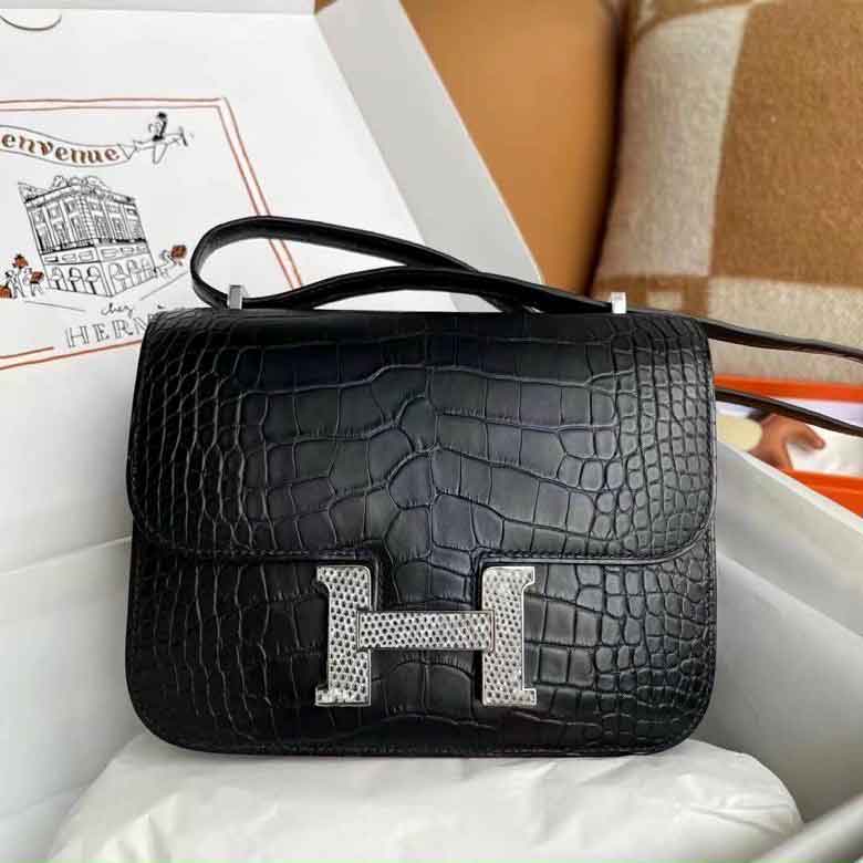 Túi xách da cá sấu khóa đính đá Herms likeauth