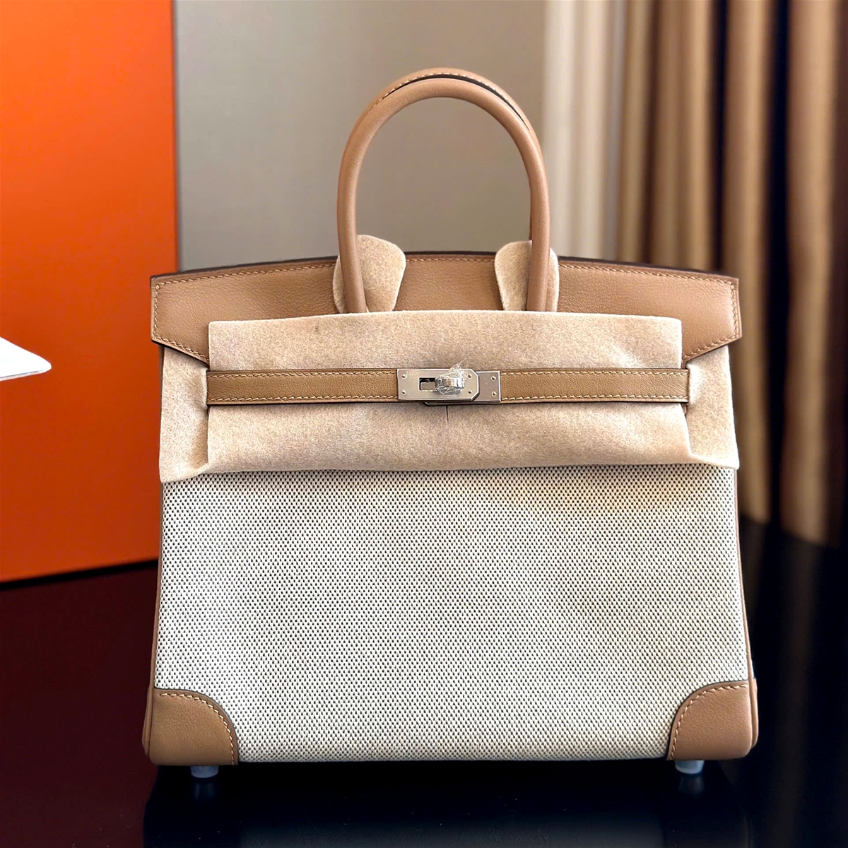 Túi xách Herms Vải phối da mịn dáng birkin siêu cấp