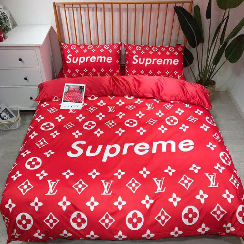 Ga gối hiệu LV Supreme cao cấp hoa đỏ